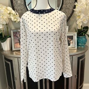 Tess White Long-Sleeve Polka Dot Top with Navy Trim